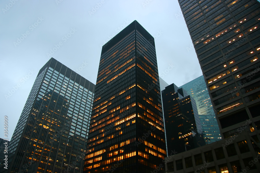 Highrise buildings at dusk in midtown Manhattan, New York