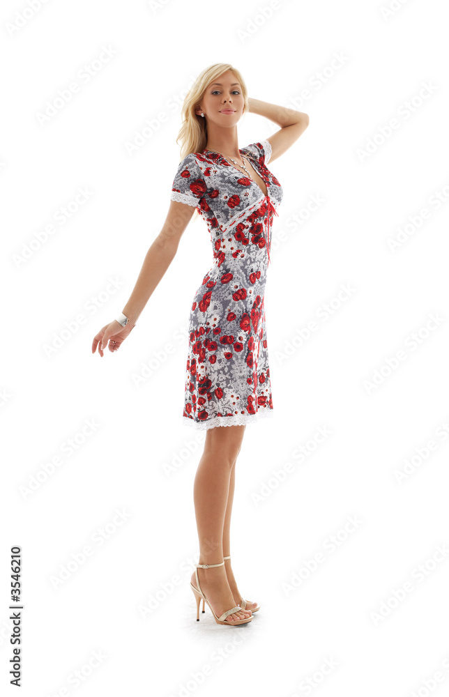 classical pin-up image of lovely blond in colorful dress classical pin-up image of lovely blond in colorful dress