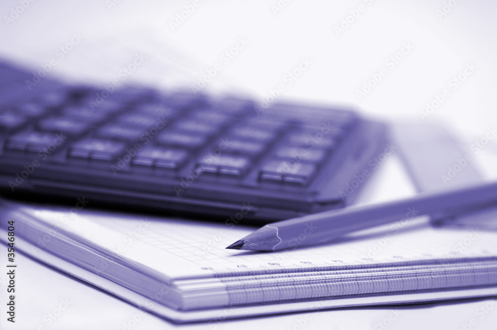 grey translucent calculator and orange pencil. grey translucent calculator and orange pencil.