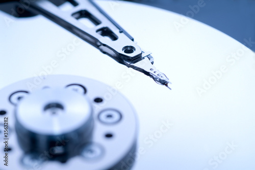  close up macro of an opened computer harddrive.