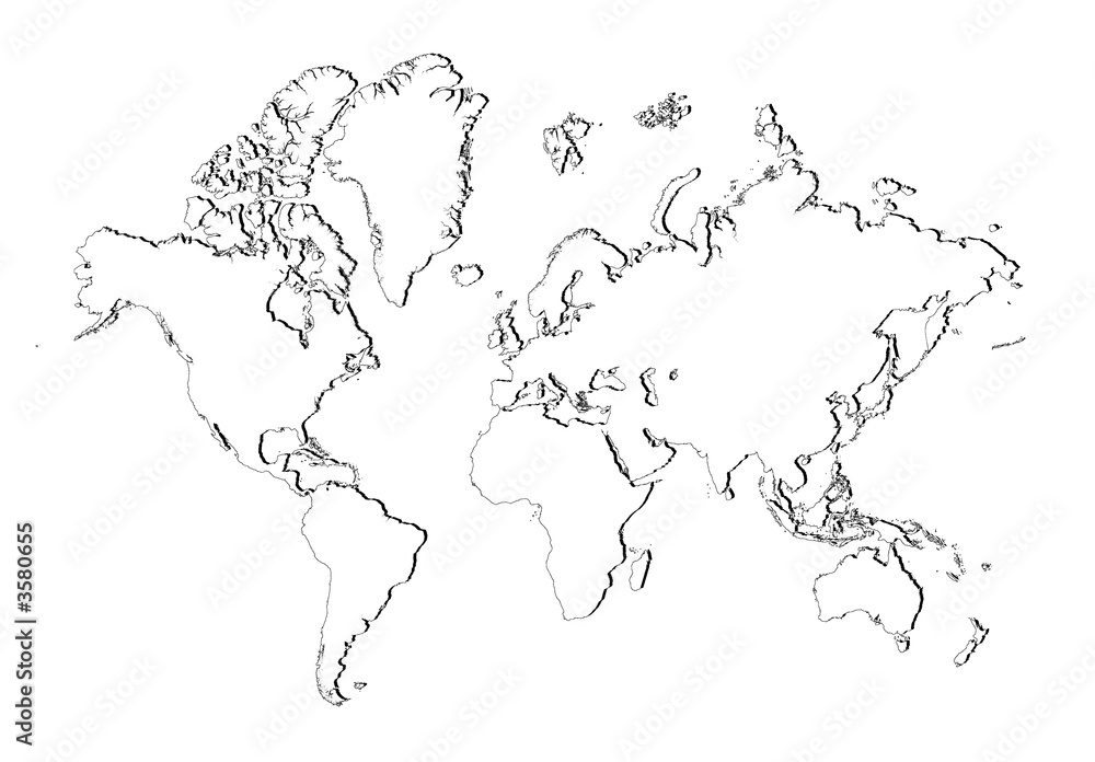Detailed b/w outline map of the world.