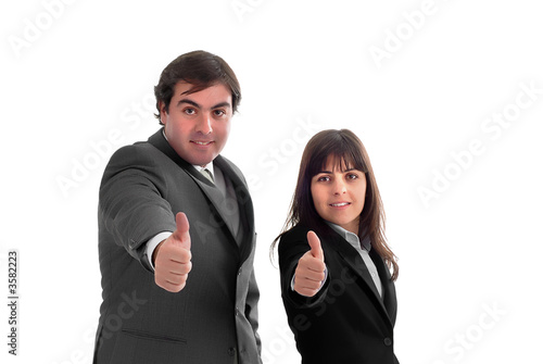 business partners with thumbs up over a white background