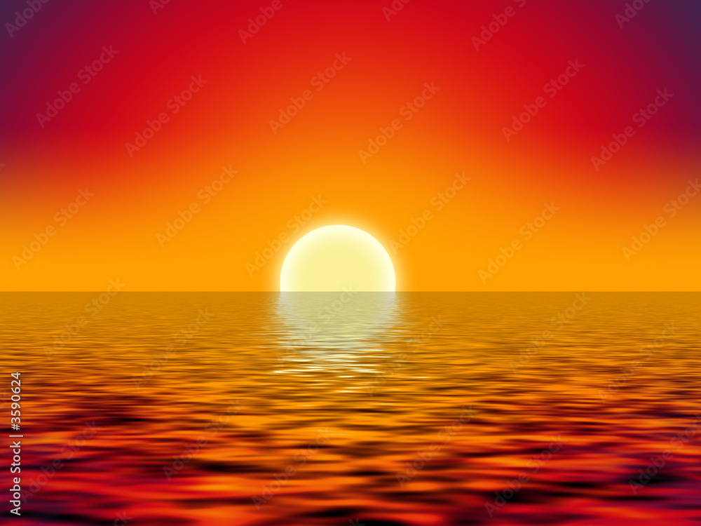 yellow sun over the ocean and red sky