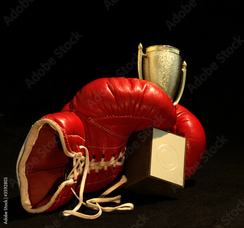 red boxing glove holding a shining cup, closeup
