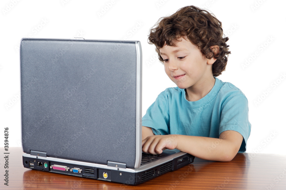 Child whit laptop a over white background Child whit laptop a over white background