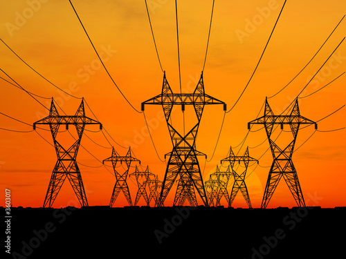 3D Electric powerlines over sunrise