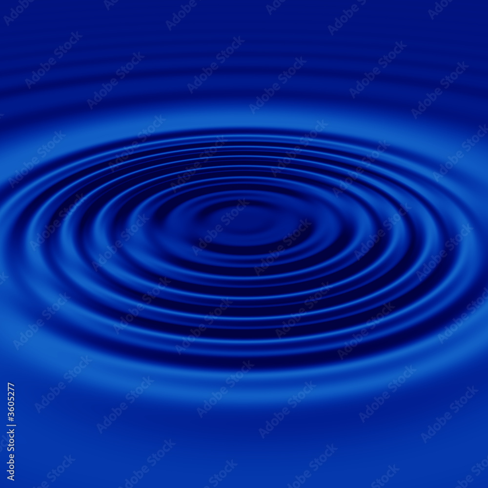 a large single rendered drop and ripples in still blue water