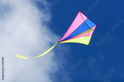 kite flying against a blue sky, bright colors and streaming tail