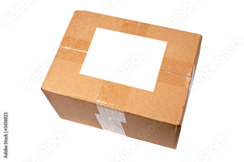 Cardboard box with blank label isolated on white background