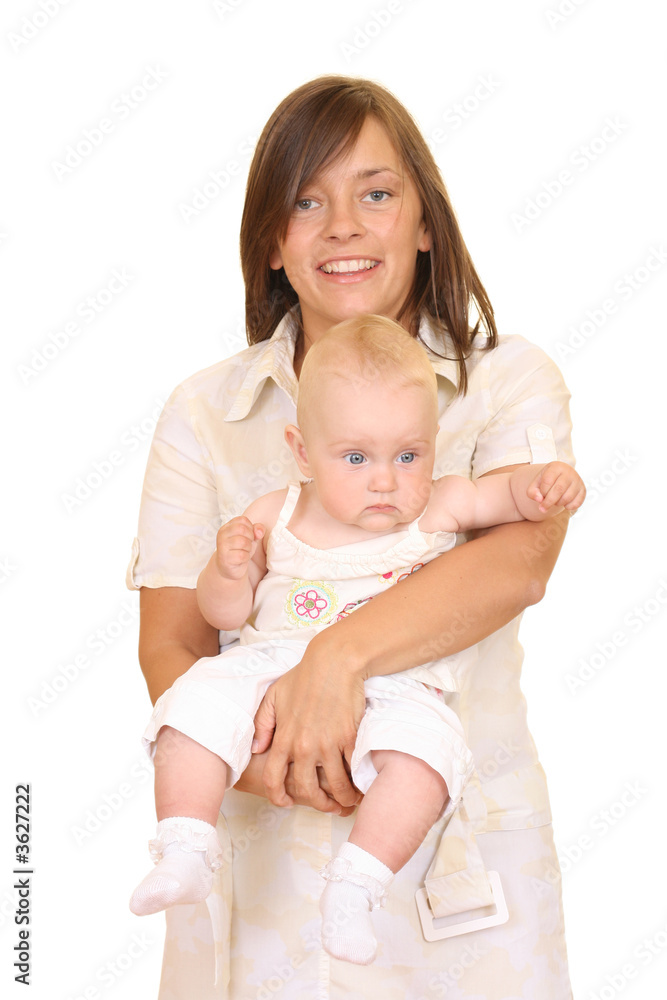 portrait of mother and 8 months daughter isolated on white portrait of mother and 8 months daughter isolated on white