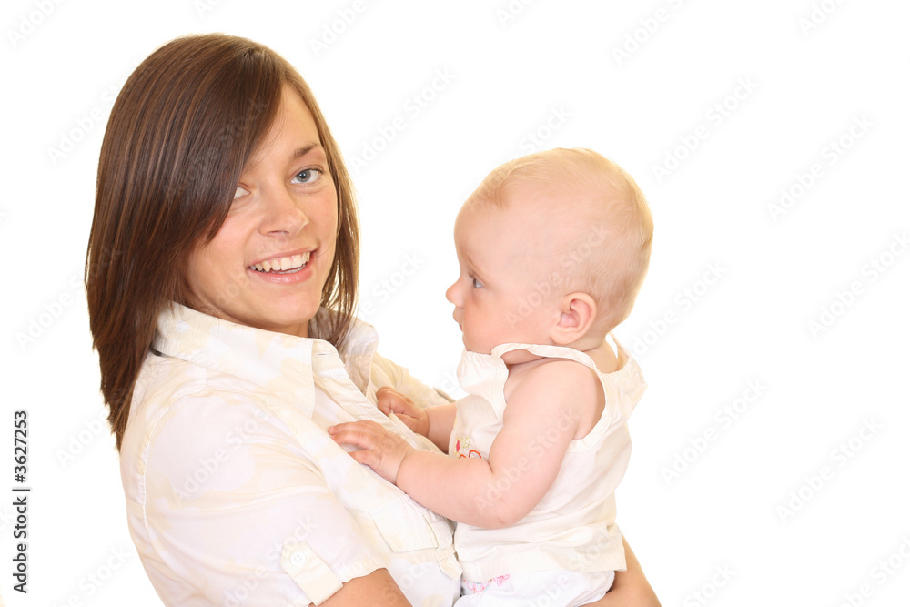 portrait of mother and 8 months daughter isolated on white portrait of mother and 8 months daughter isolated on white