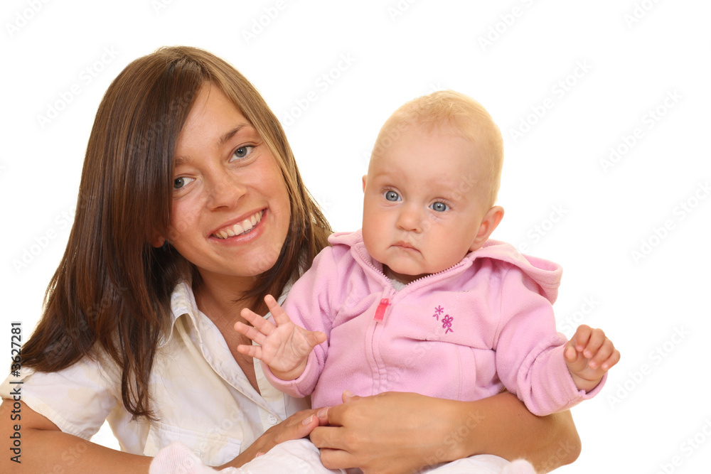 portrait of mother and 8 months daughter isolated on white portrait of mother and 8 months daughter isolated on white