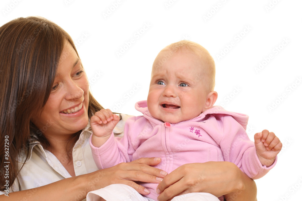 portrait of mother and 8 months daughter isolated on white portrait of mother and 8 months daughter isolated on white