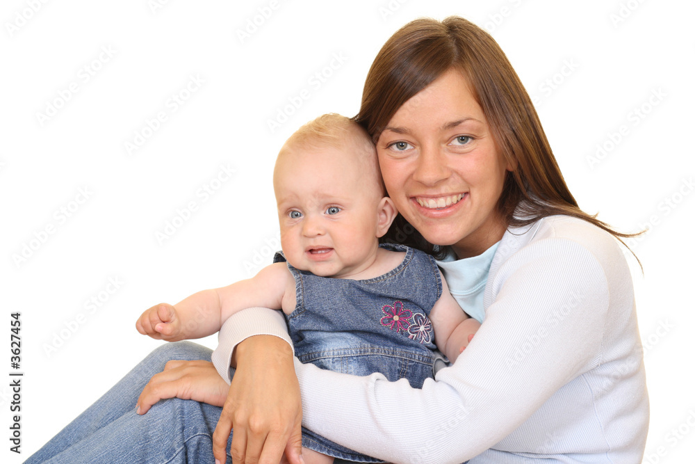 portrait of mother and 8 months daughter isolated on white portrait of mother and 8 months daughter isolated on white
