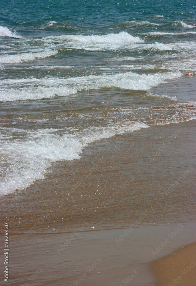 Waves splashing on brown beach, vertical