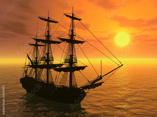 Tall Ship at Sunset - 3D render