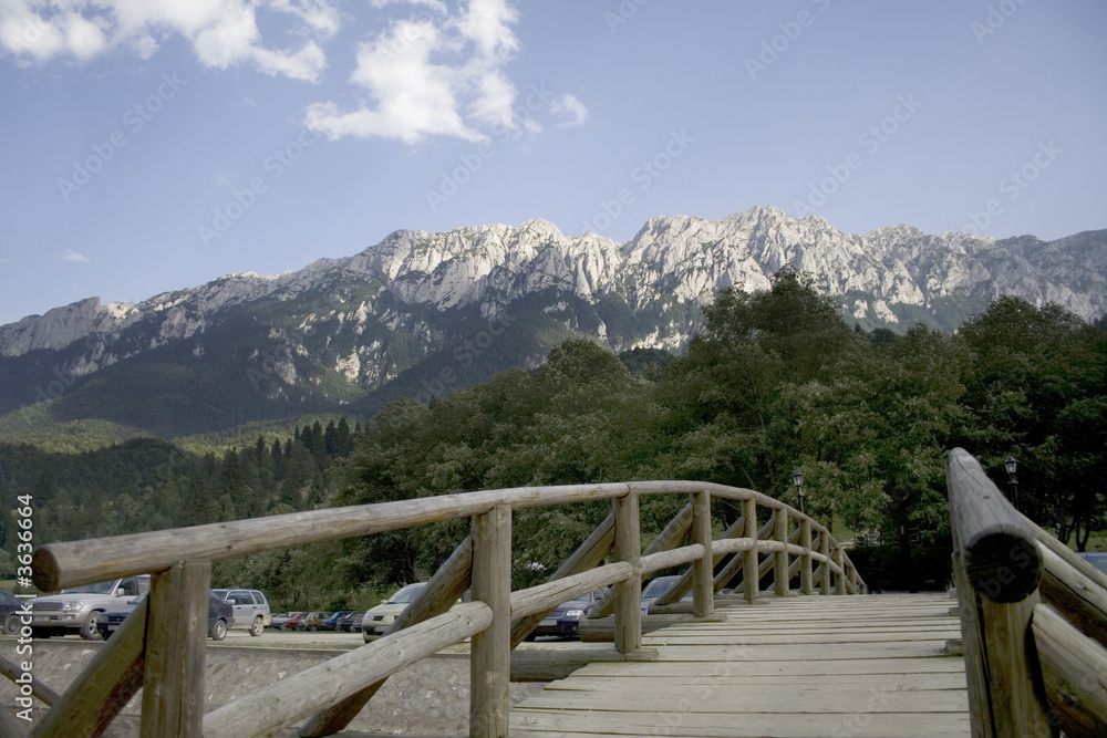 Mountain landscape and wooden bridge