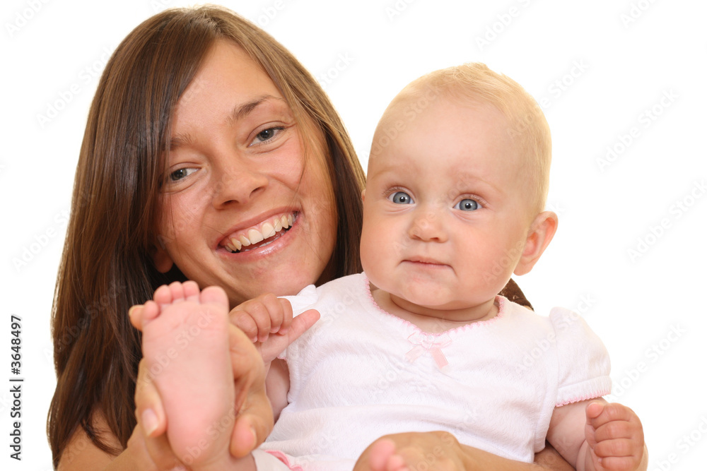 portrait of mother and 8 months daughter isolated on white portrait of mother and 8 months daughter isolated on white
