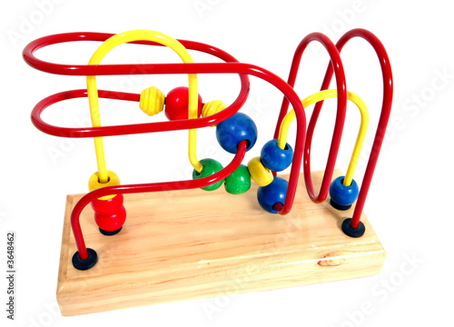A child's bead roller coaster toy in primary colors