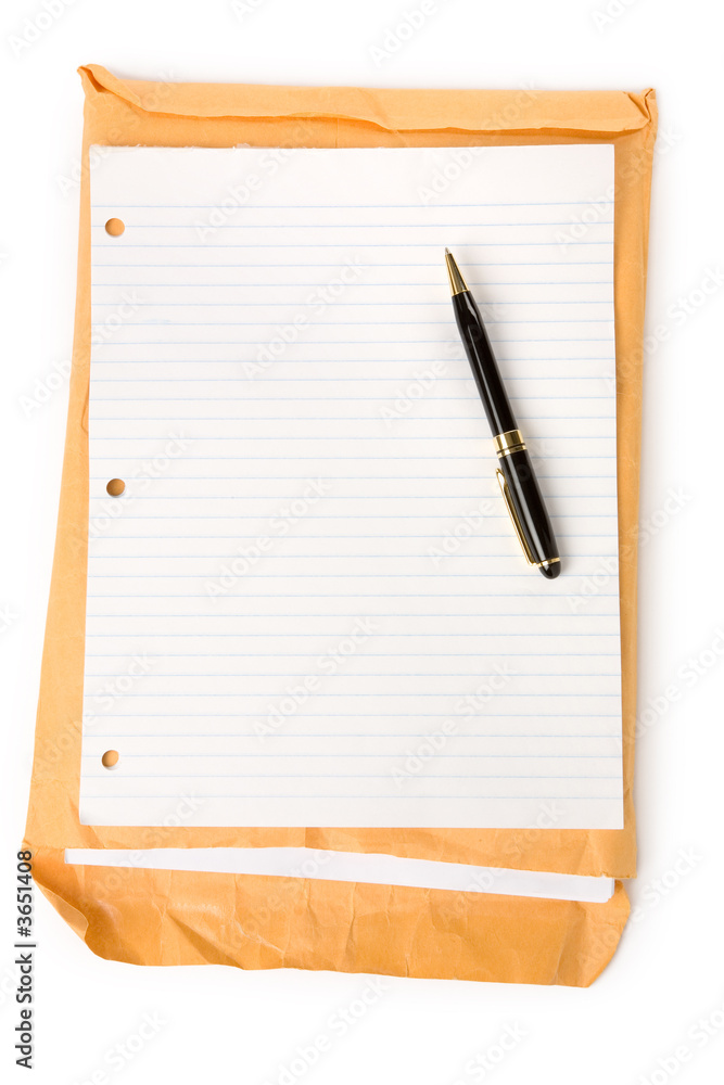 big envelope and blank notepaper with white background big envelope and blank notepaper with white background