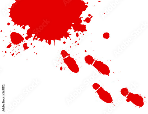 Blood splashes and foot prints on white background.
