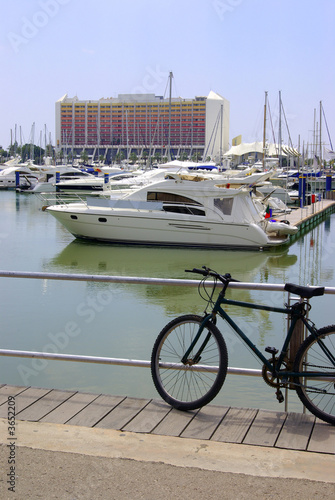 Luxurious yachts docked in marina near large hotel