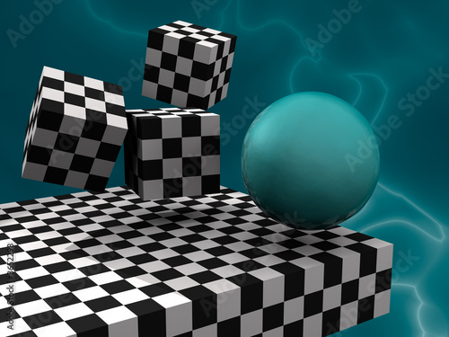 Photography 3D fantasy abstract with cubes like cheesboard and sphere