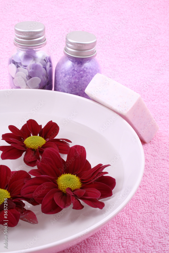beauty treatment - towel bowl of water and cosmetics beauty treatment - towel bowl of water and cosmetics