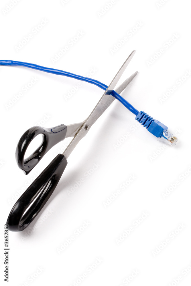 network cable with scissors with white background network cable with scissors with white background