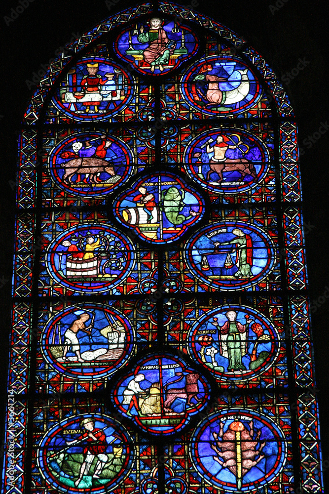 Stained glass window. Signs of the zodiac. Notre Dame, Chartres