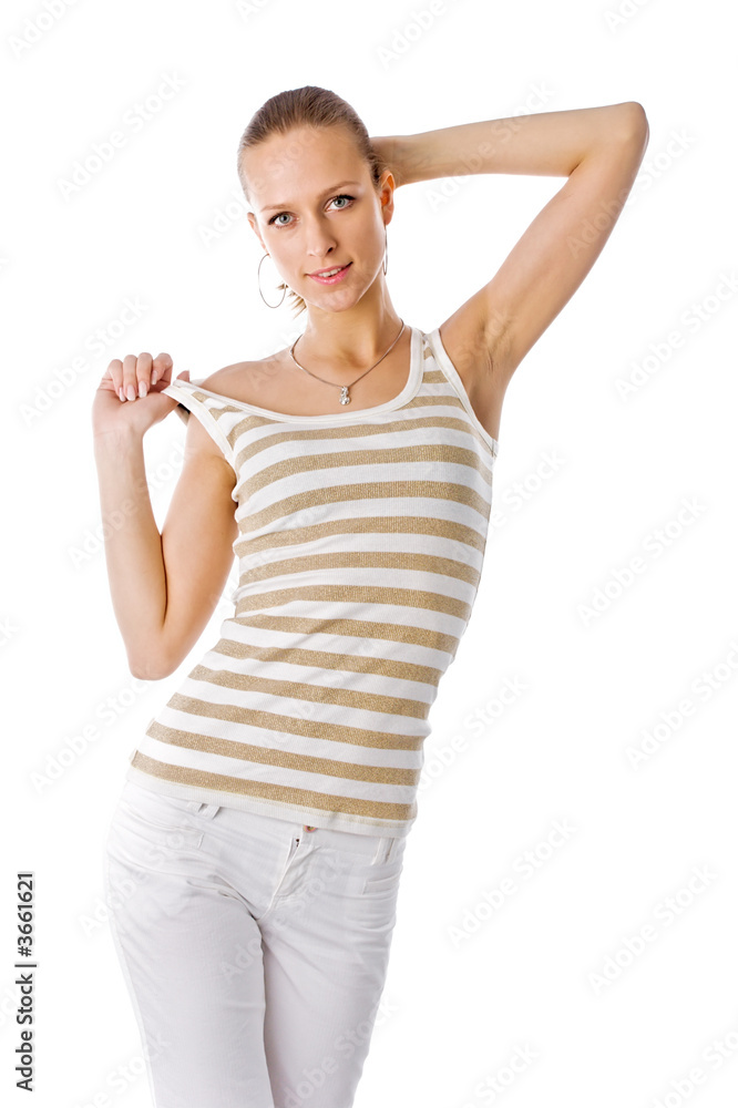 trendy beautiful girl in golden striped t-shirt trendy beautiful girl in golden striped t-shirt