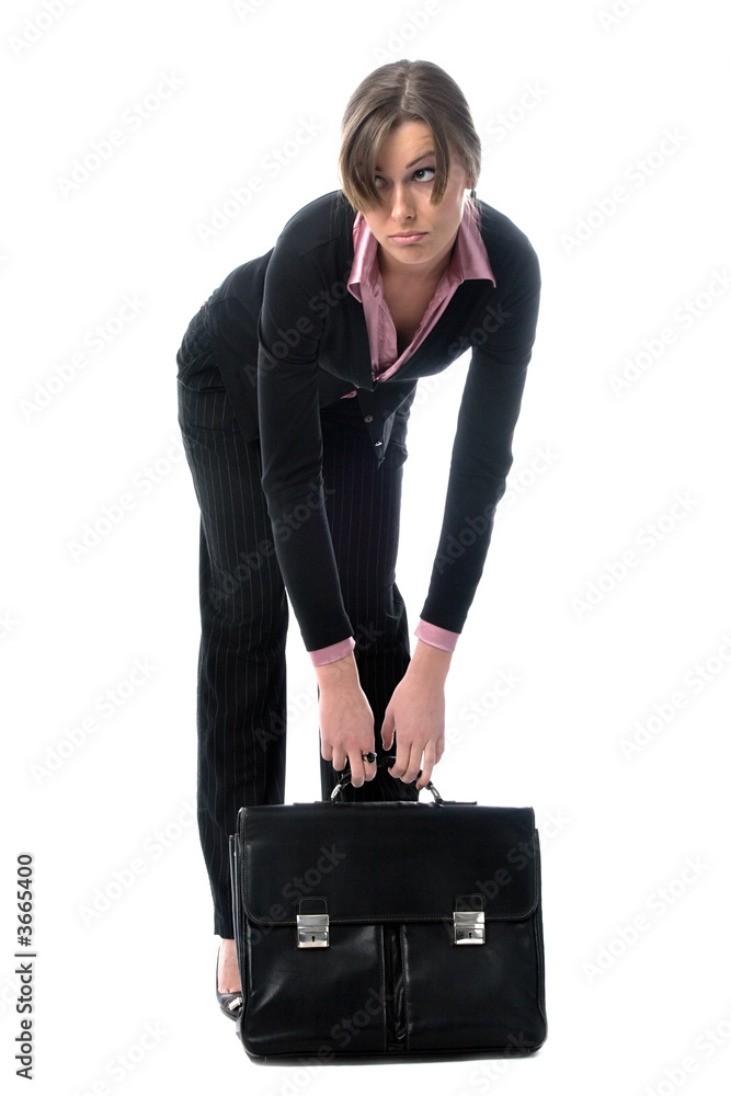 business woman with heavy briefcase in hands business woman with heavy briefcase in hands