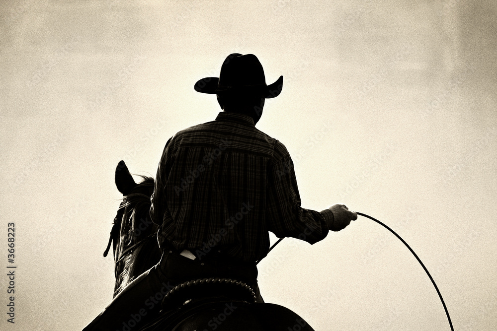 Naklejka premium cowboy at the rodeo - shot backlit against dust, added grain