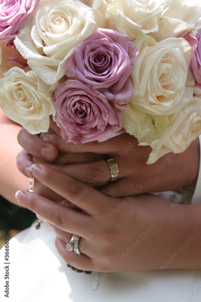rings and flower bouquet pink ivory white wedding