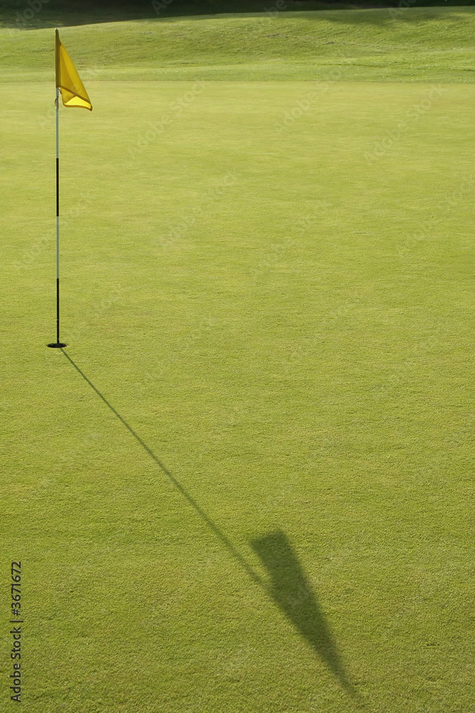 golf green and flag with long shadows