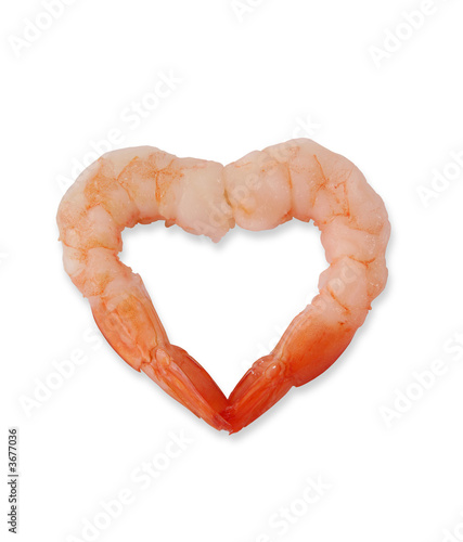 Two shrimp in the shape of a heart over white