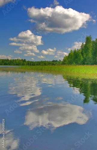 landscape with blye sky, clouds, forest and their reflections