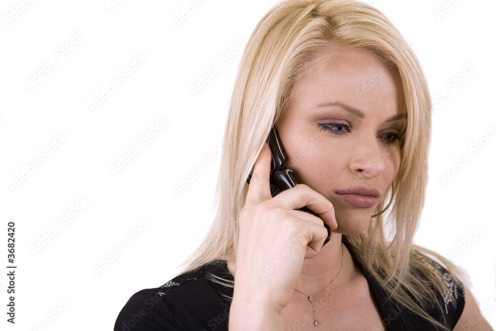 pretty blond woman talking on the phone isolated background pretty blond woman talking on the phone isolated background