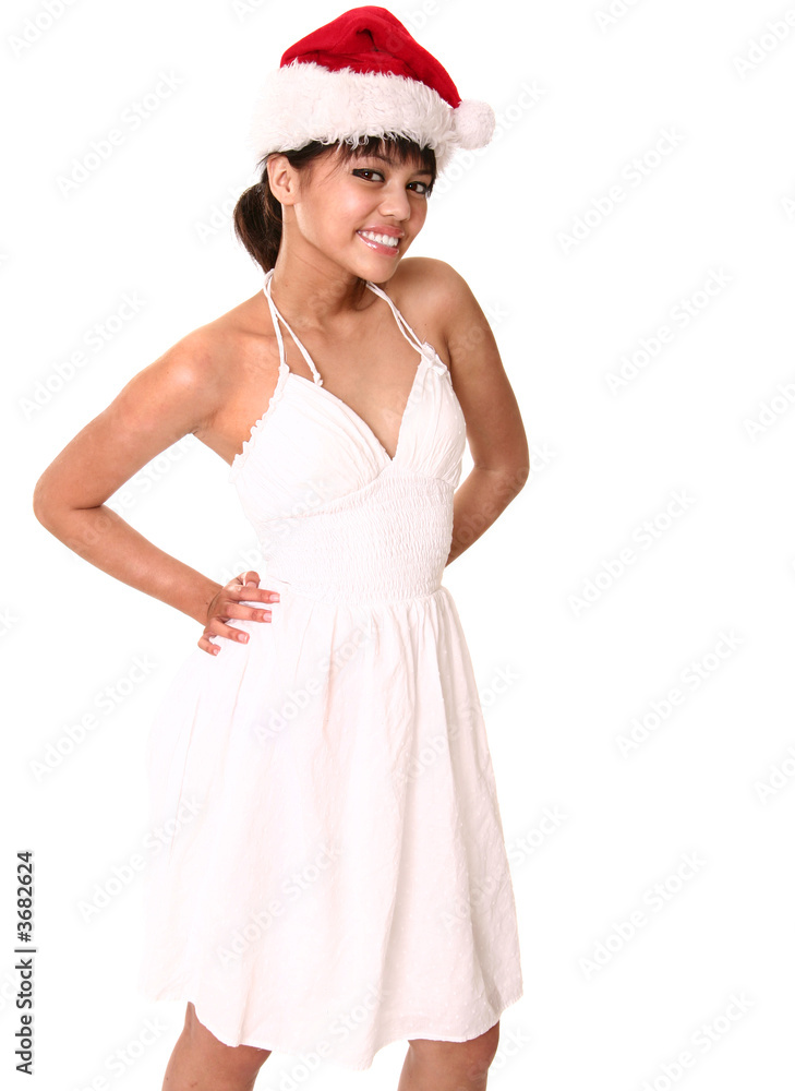 Beautiful Brunette Wearing Tank Top And Christmas Hat 2 Beautiful Brunette Wearing Tank Top And Christmas Hat 2