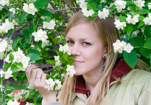 Young blonde at a bush of a jasmin photo