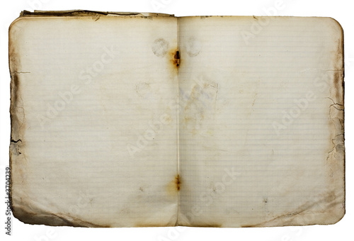 Φωτογραφία Old opened notebook with tattered edges & rusty clips