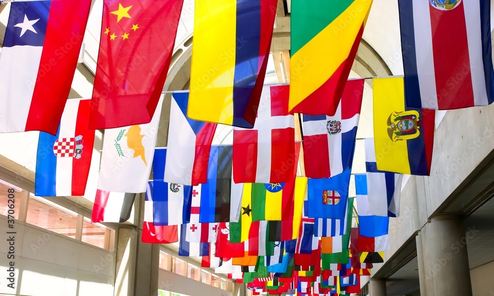 Flags of the world displayed at a convention center