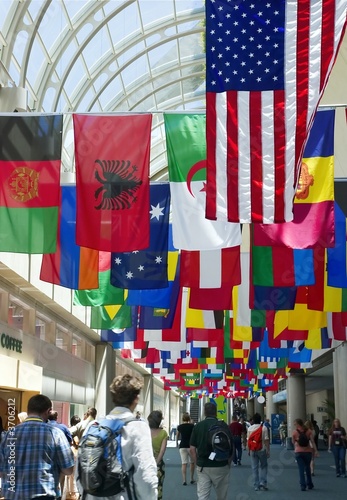 Flags above a rush of people gathering for a conference