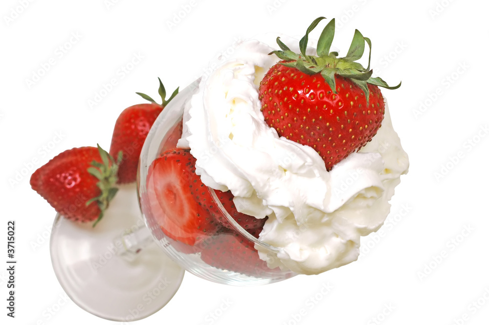 Strawberries and whipped cream in glass. Clipping path. Strawberries and whipped cream in glass. Clipping path.