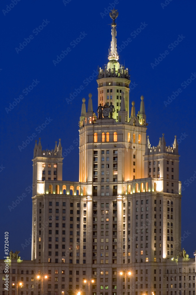 Russia, Moscow, night city. Old skyscraper