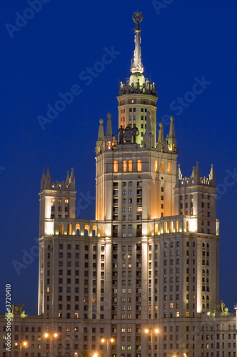 Russia, Moscow, night city. Old skyscraper