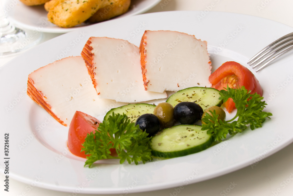 Cheese composition with tomato,black olive,cucumber,parsley Cheese composition with tomato,black olive,cucumber,parsley