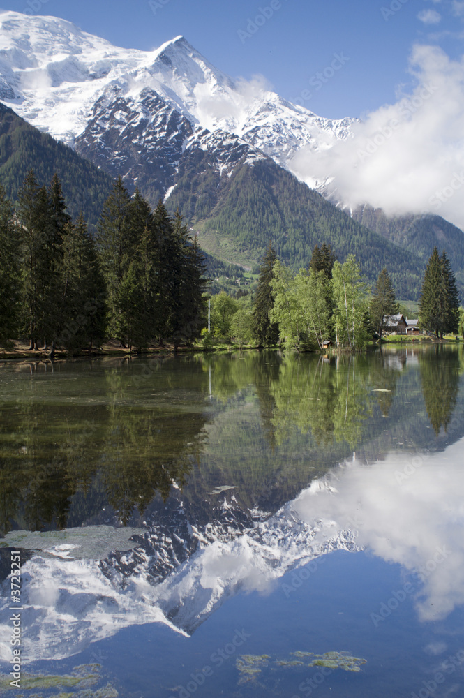 View of Mont Blanc mountain range reflected in lake