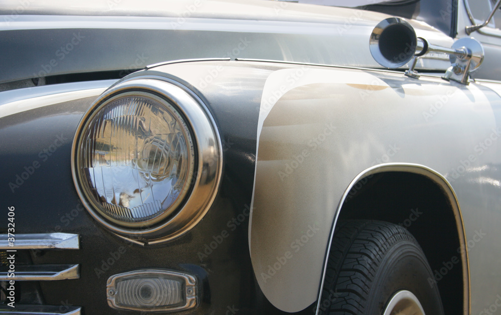 Fototapeta premium Classic and vintage cars - headlight and klaxon close-up 1950s