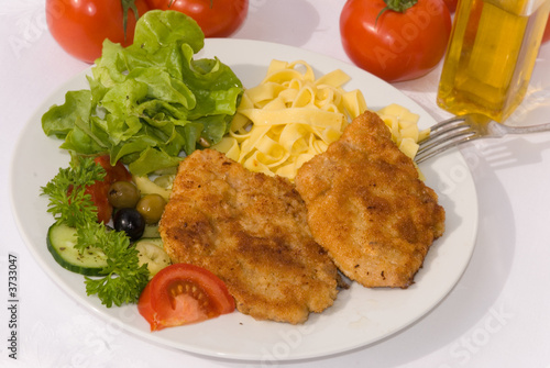 Paniertes-Wiener Schnitzel mit Salat und Nudeln